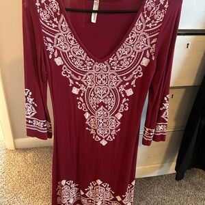 Cezanne Maroon Long Sleeve Dress with White Embroidery look